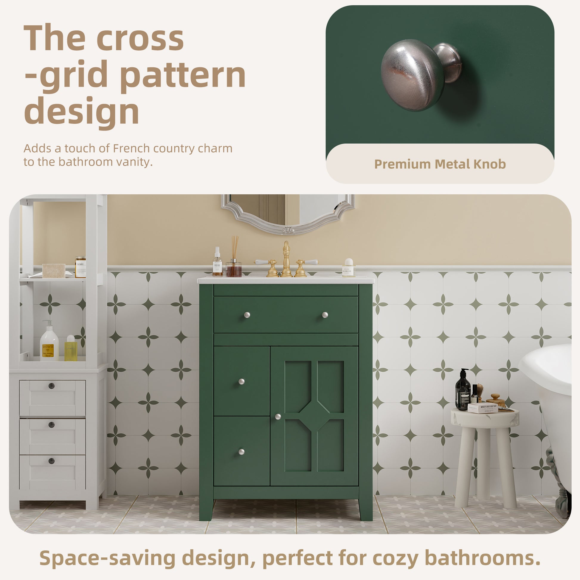 24" Modern Green Bathroom Vanity with Ceramic Basin - Storage Cabinet