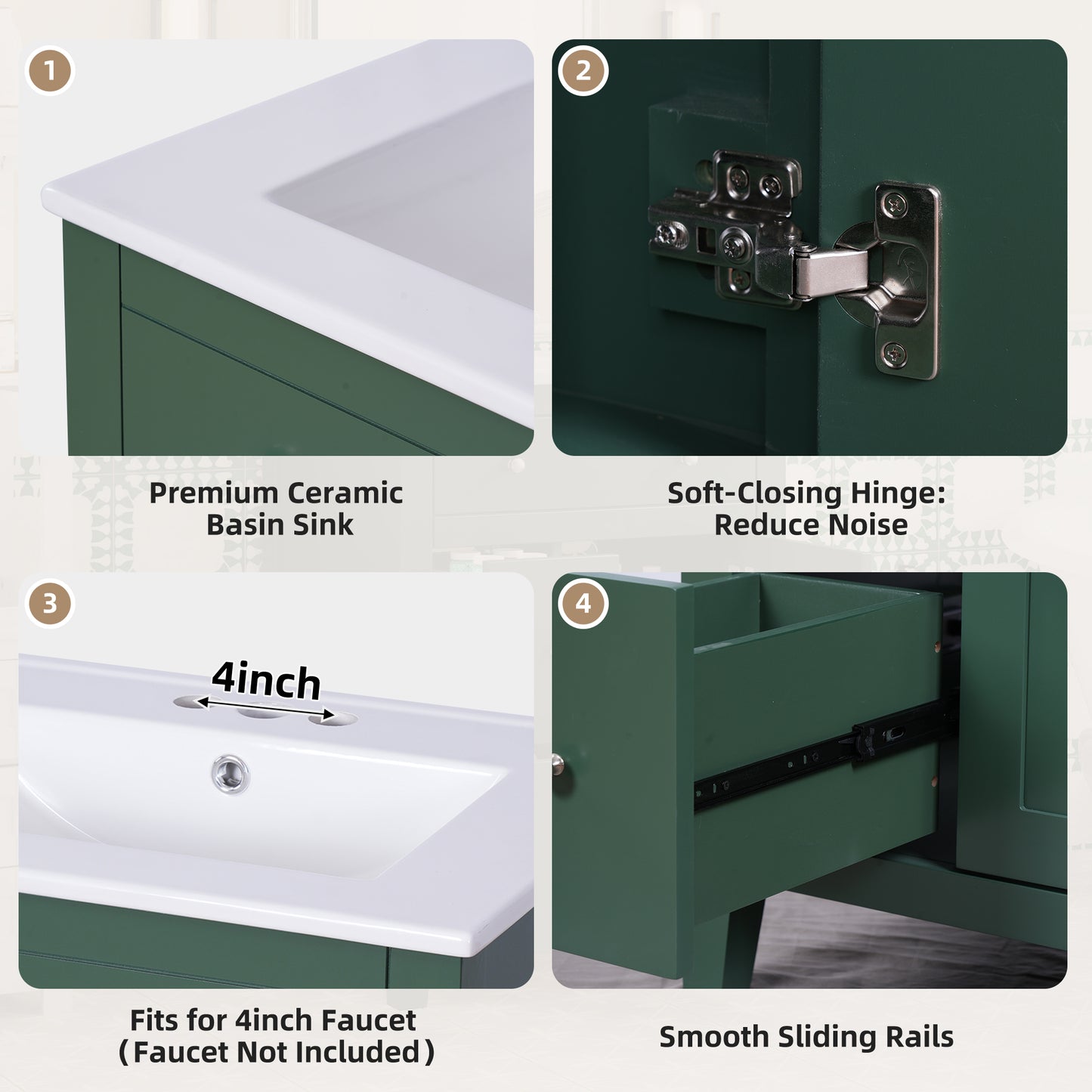 24" Modern Green Bathroom Vanity with Ceramic Basin - Storage Cabinet