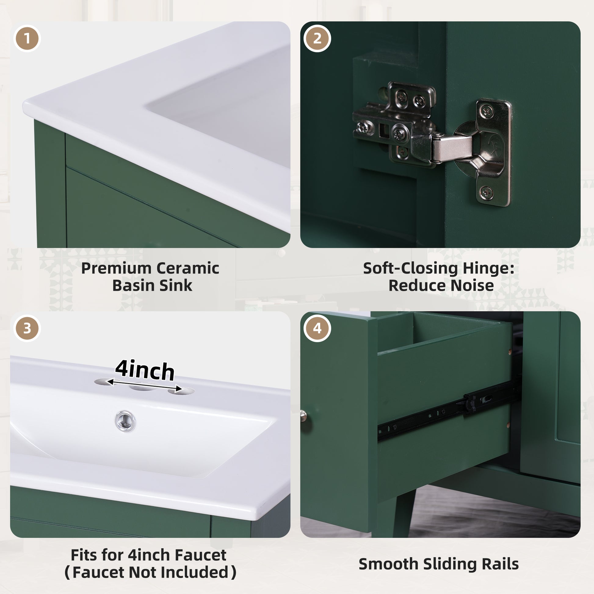 24" Modern Green Bathroom Vanity with Ceramic Basin - Storage Cabinet
