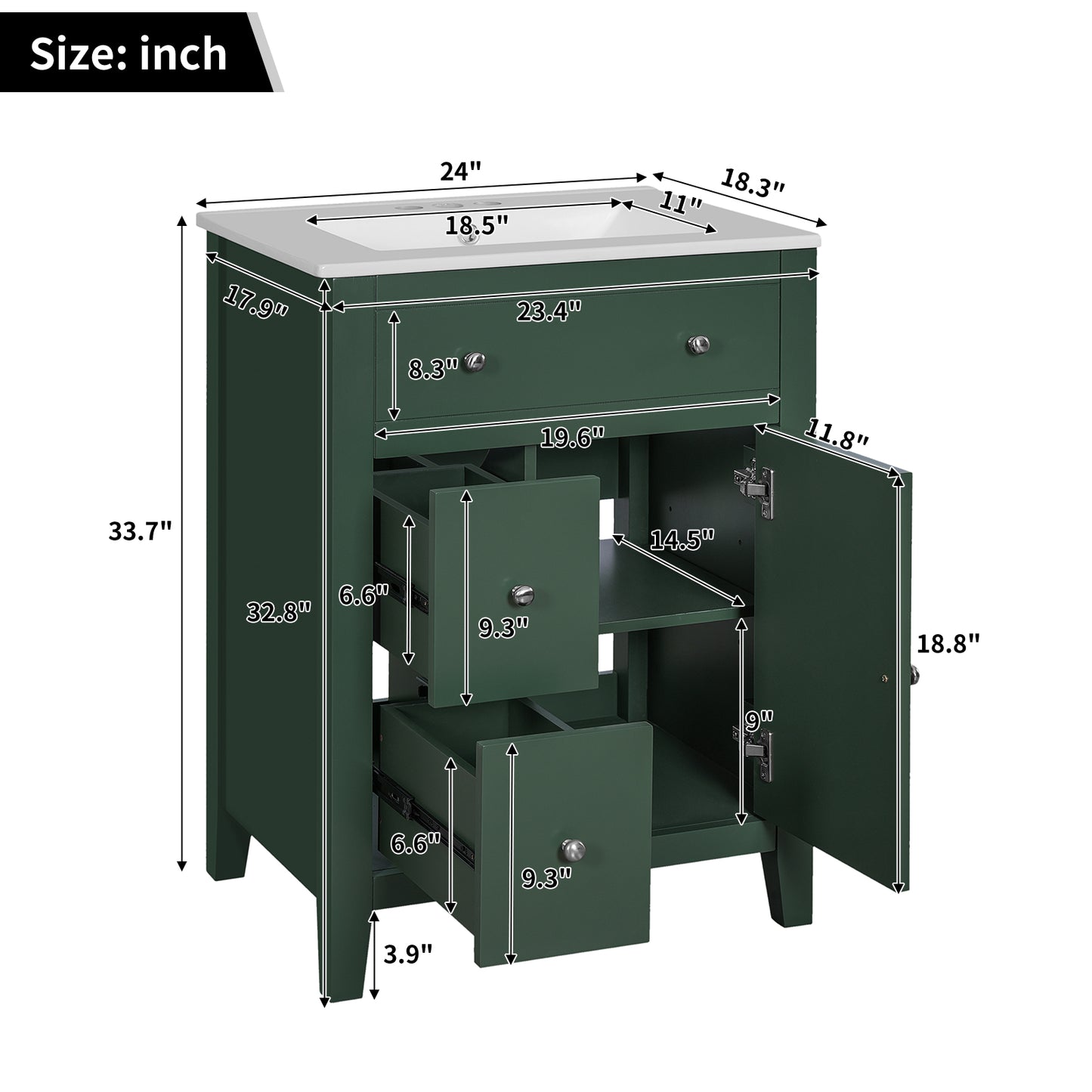 24" Modern Green Bathroom Vanity with Ceramic Basin - Storage Cabinet