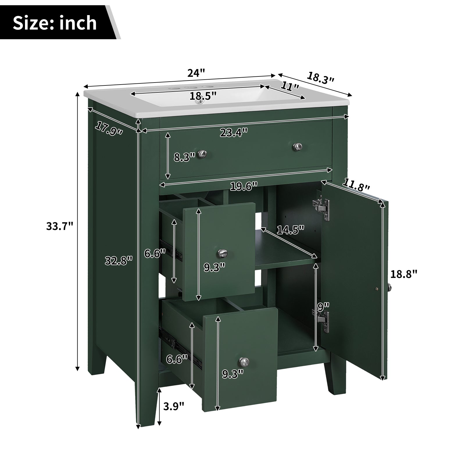 24" Modern Green Bathroom Vanity with Ceramic Basin - Storage Cabinet