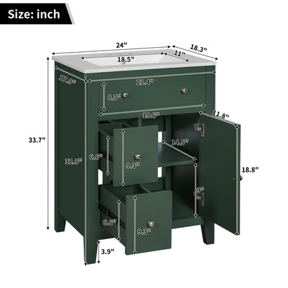 24" Modern Green Bathroom Vanity with Ceramic Basin - Storage Cabinet