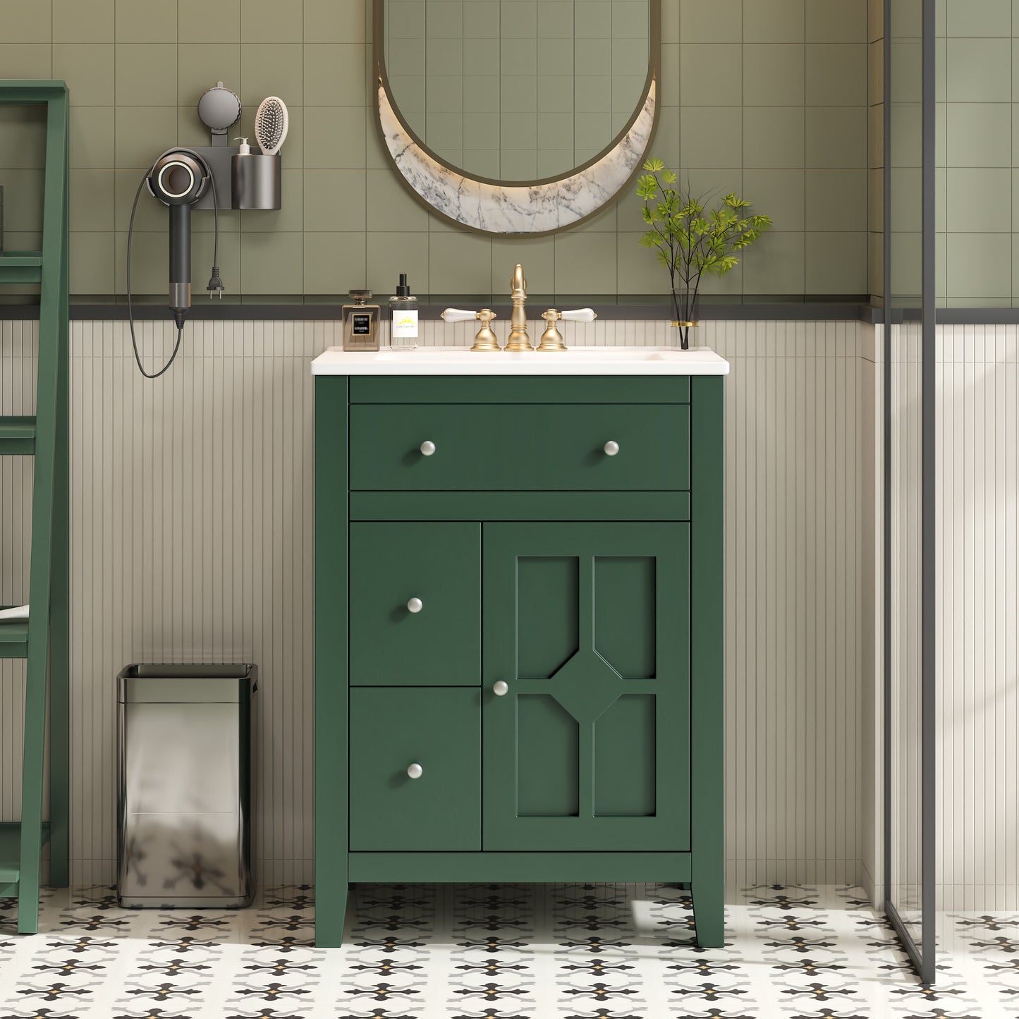 24" Modern Bathroom Vanity with Ceramic Basin, Restroom Basin Cabinet with 2 Drawers, Small Bathroom Cabinet with Soft-Closing Door