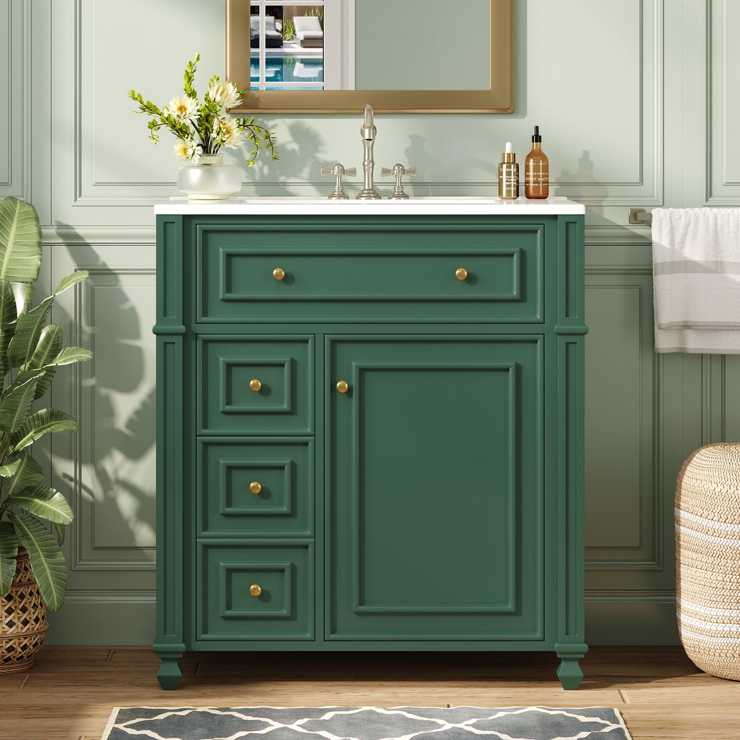 Modern Green Bathroom Vanity Cabinet with Ceramic Sink Basin