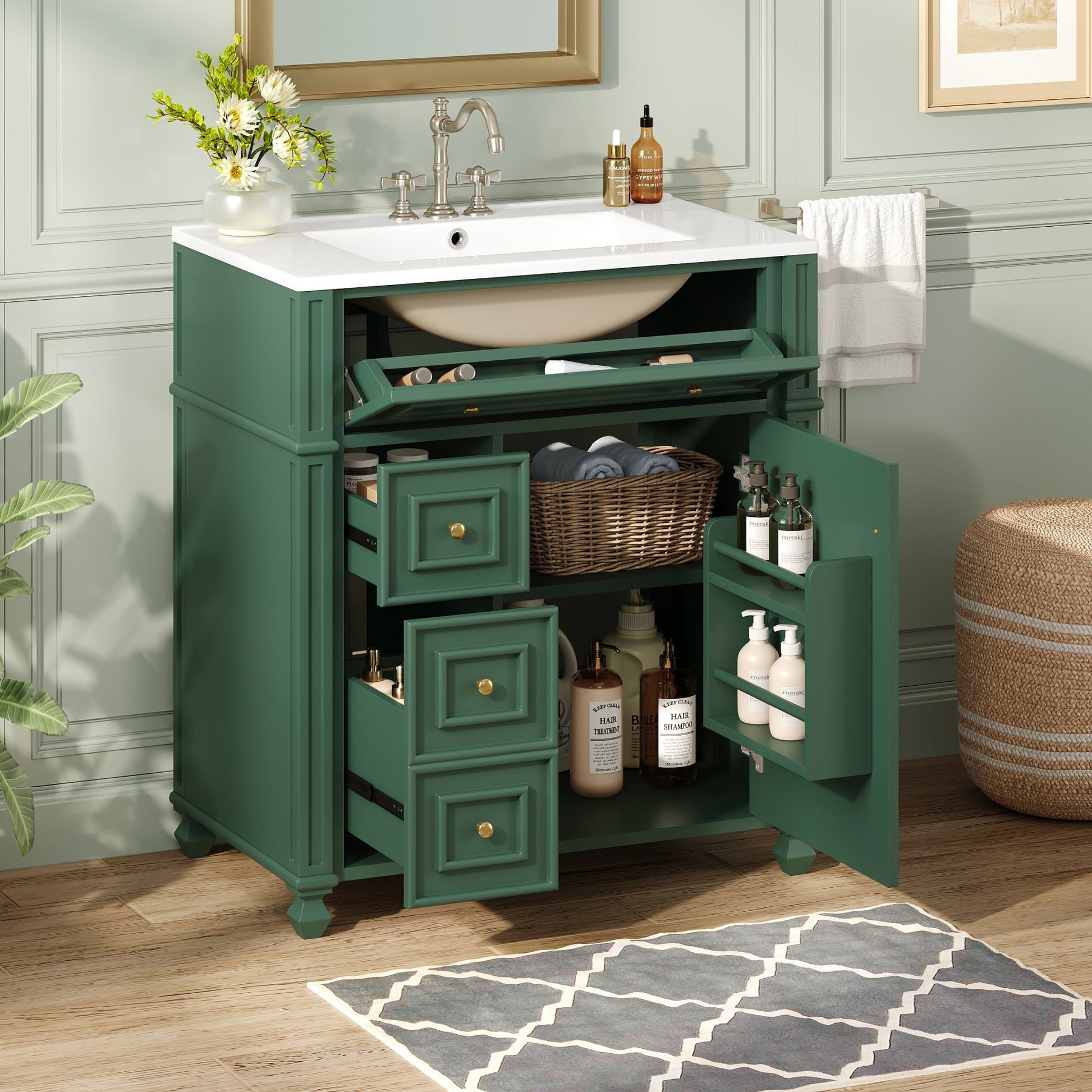 Modern Green Bathroom Vanity Cabinet with Ceramic Sink Basin