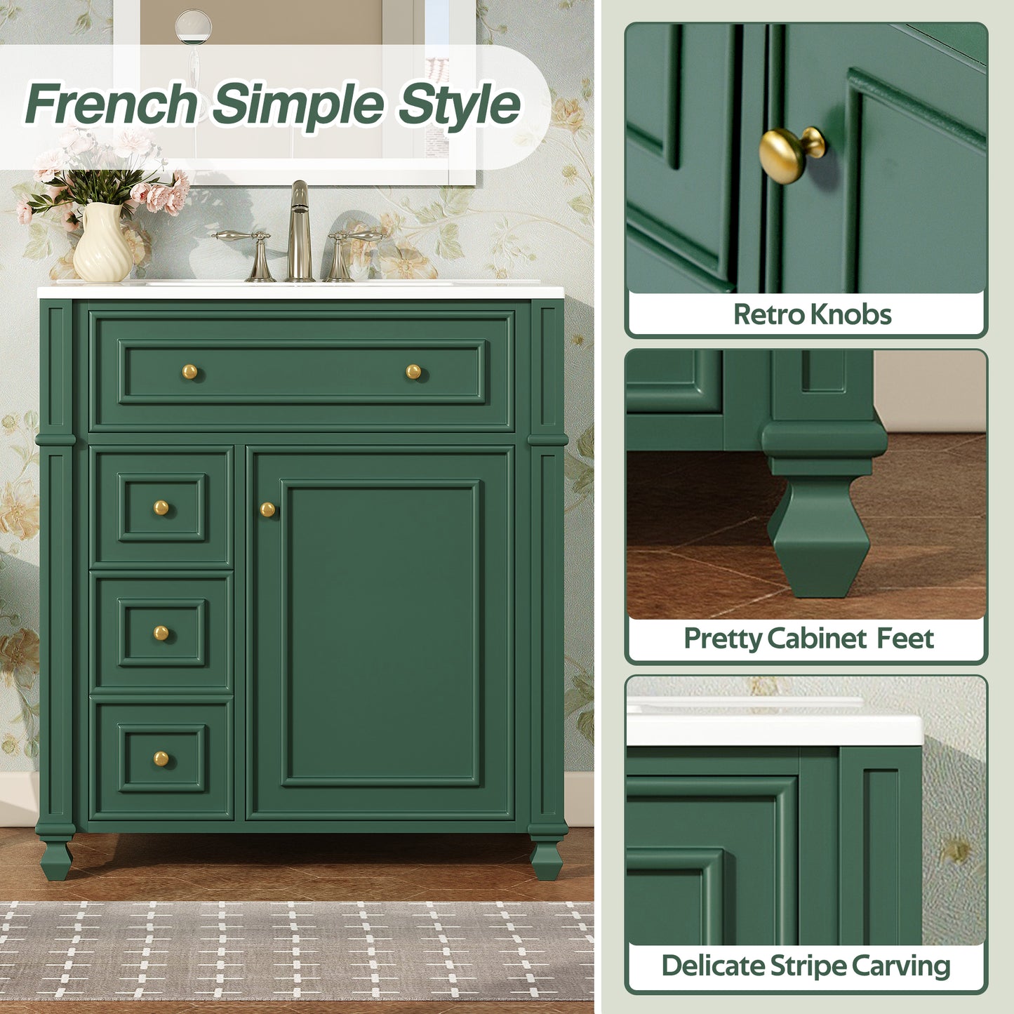 Modern Green Bathroom Vanity Cabinet with Ceramic Sink Basin