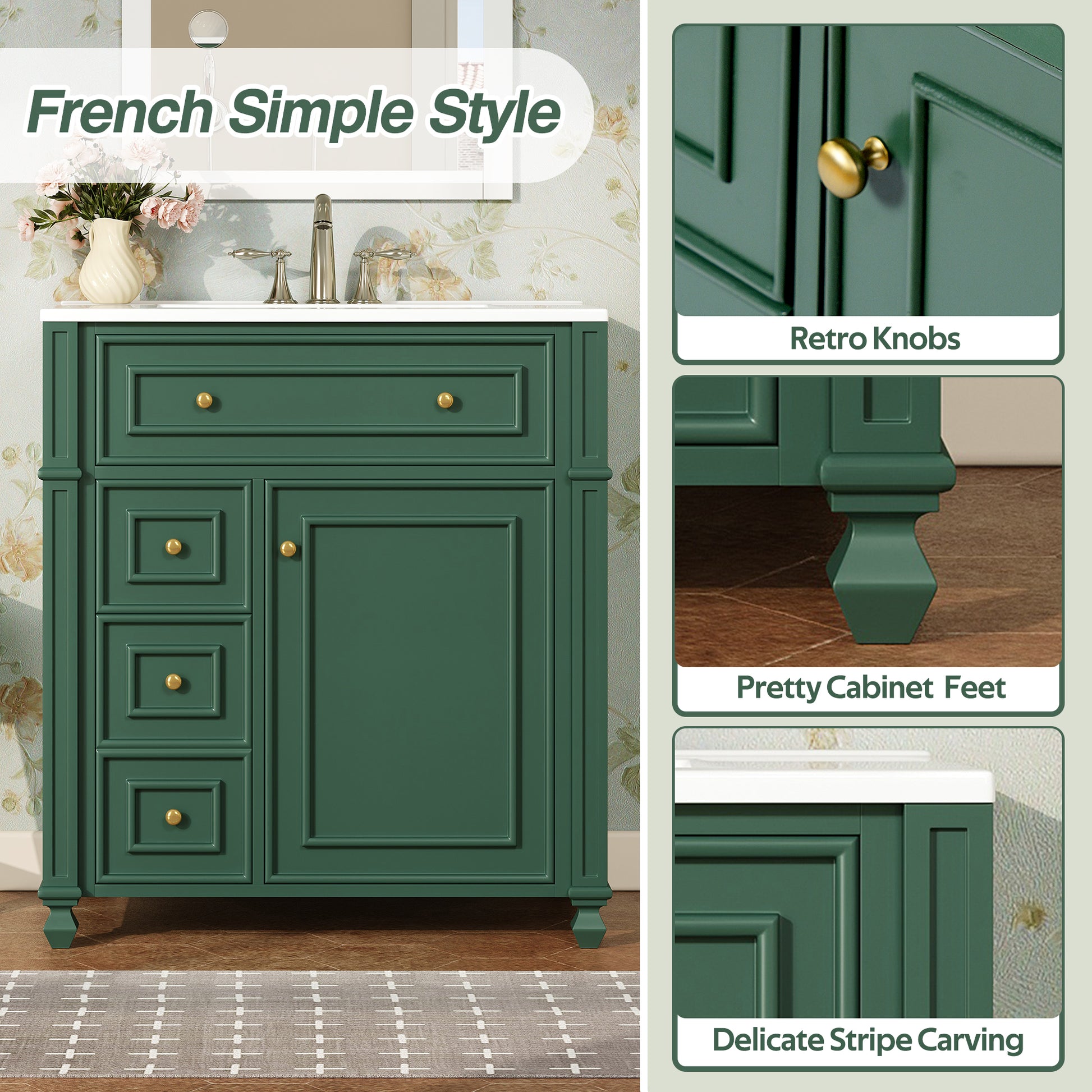 Modern Green Bathroom Vanity Cabinet with Ceramic Sink Basin