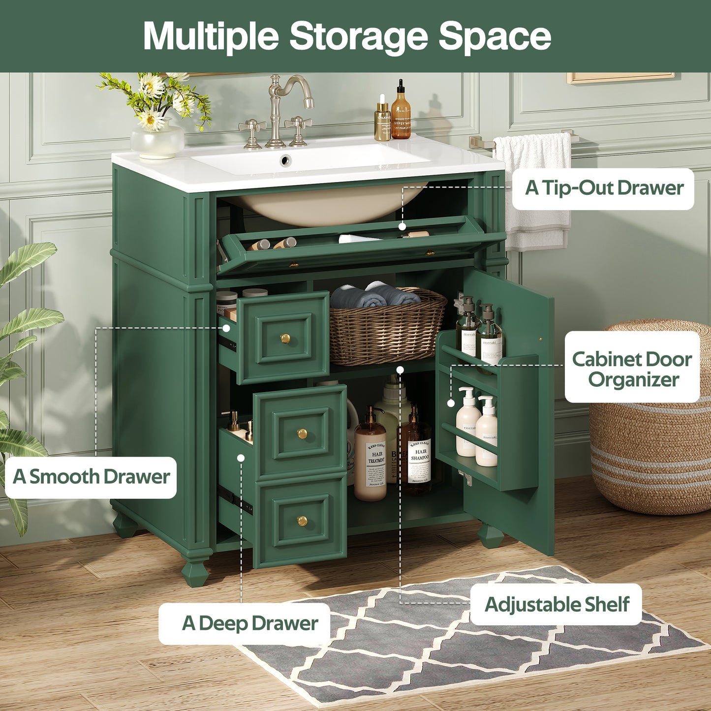 Modern Green Bathroom Vanity Cabinet with Ceramic Sink Basin