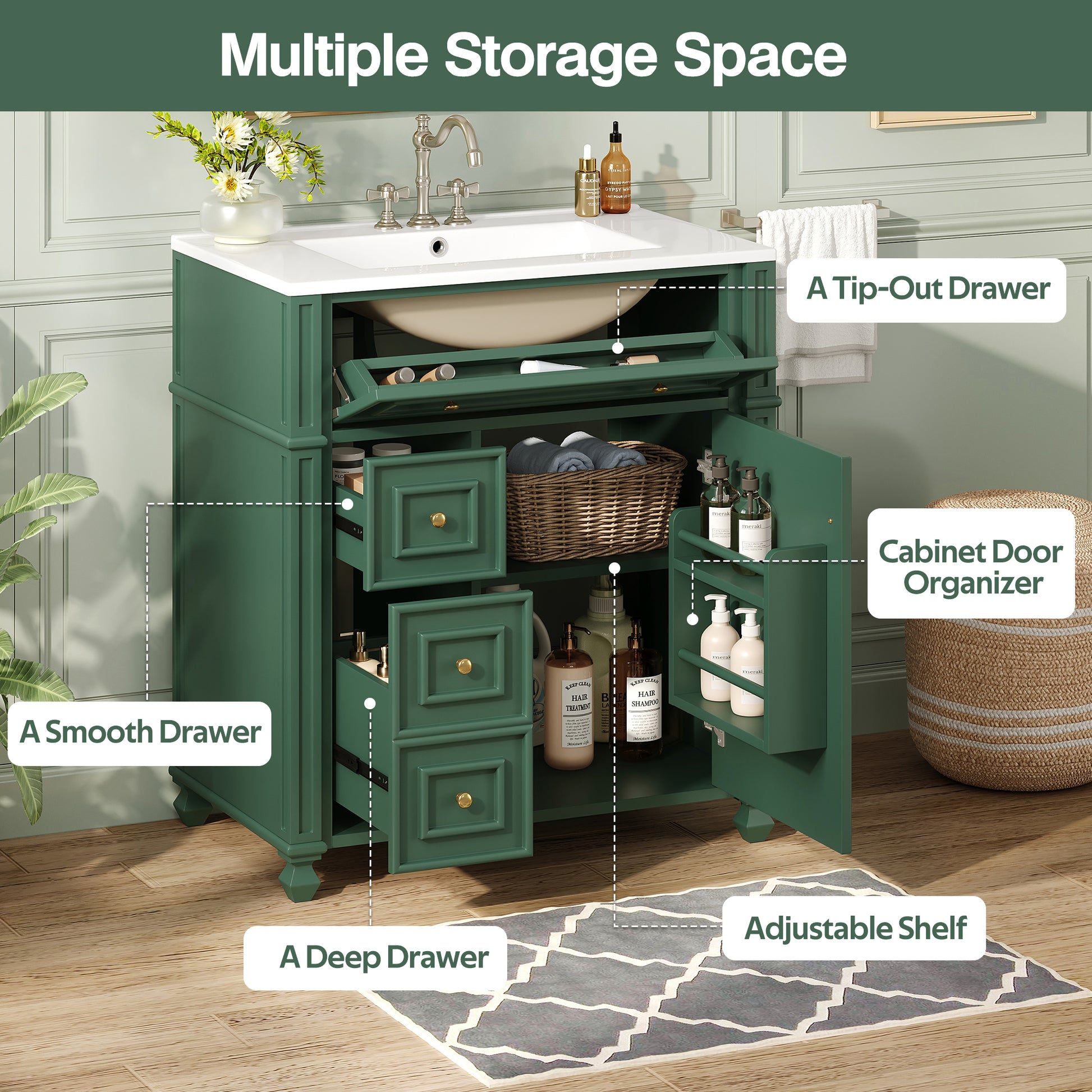 Modern Green Bathroom Vanity Cabinet with Ceramic Sink Basin