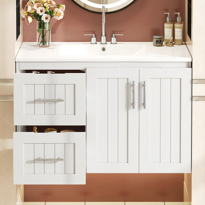 36 inch White Bathroom Vanity Cabinet with Sink and Adjustable Storage