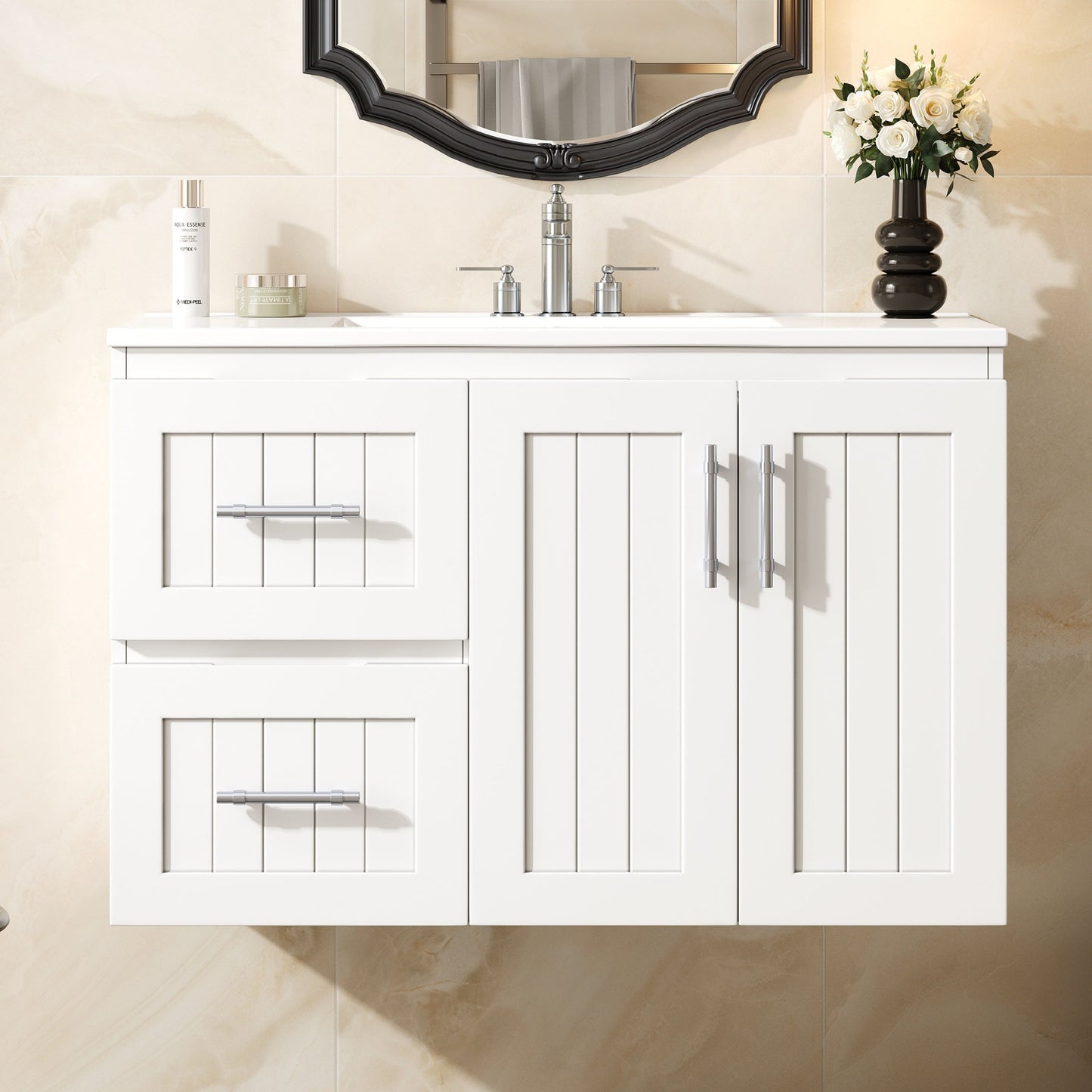 36 inch White Bathroom Vanity Cabinet with Sink and Adjustable Storage