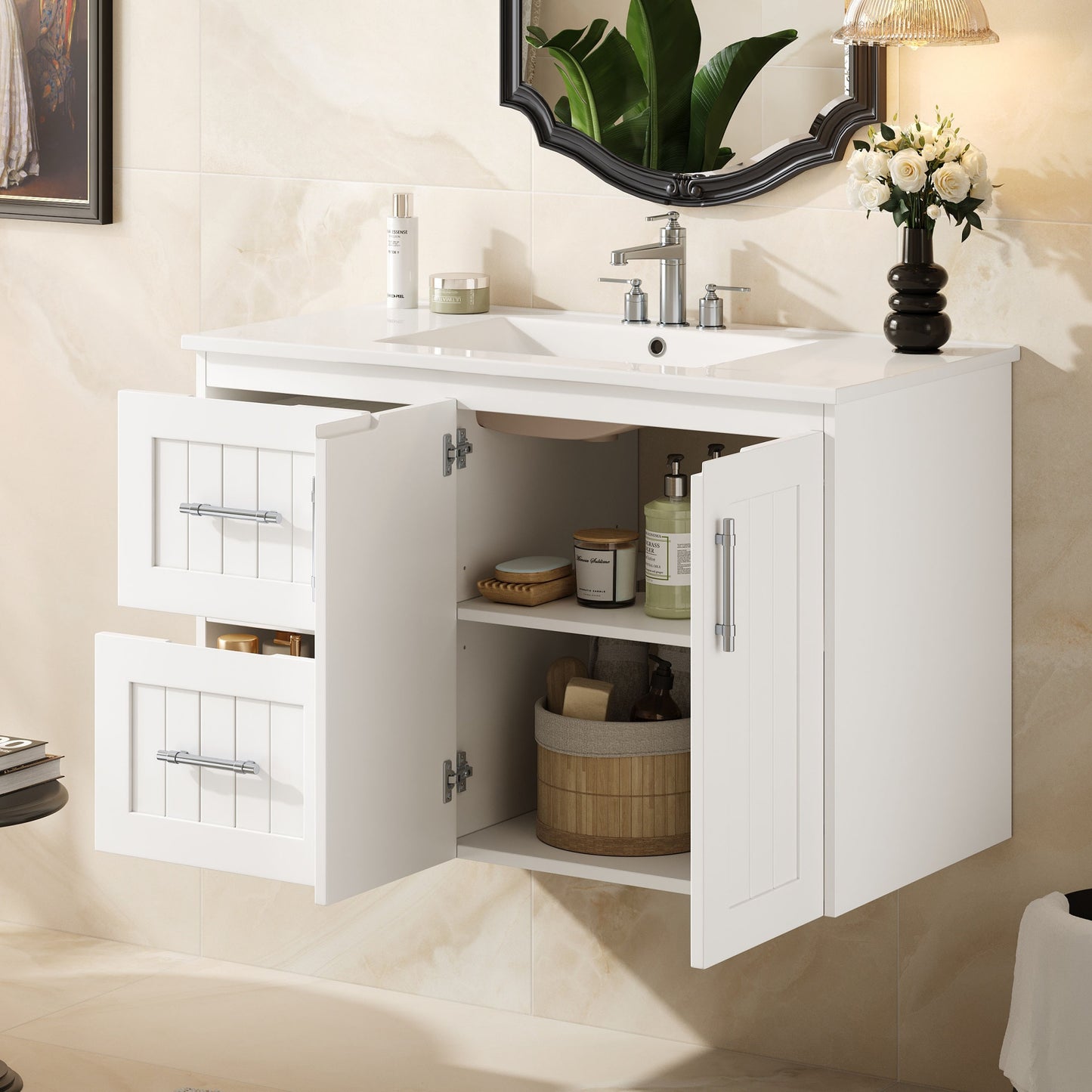 36 inch White Bathroom Vanity Cabinet with Sink and Adjustable Storage