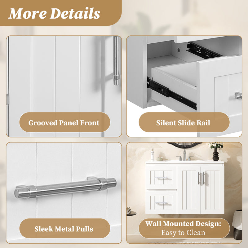 36 inch White Bathroom Vanity Cabinet with Sink and Adjustable Storage