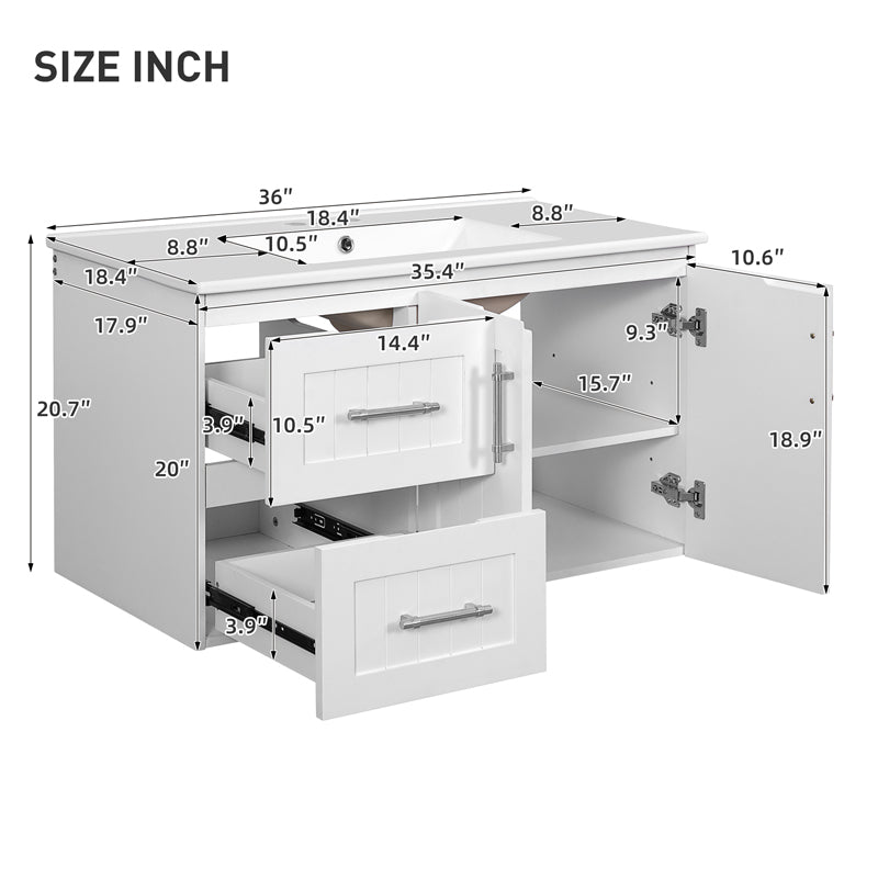 36 inch White Bathroom Vanity Cabinet with Sink and Adjustable Storage