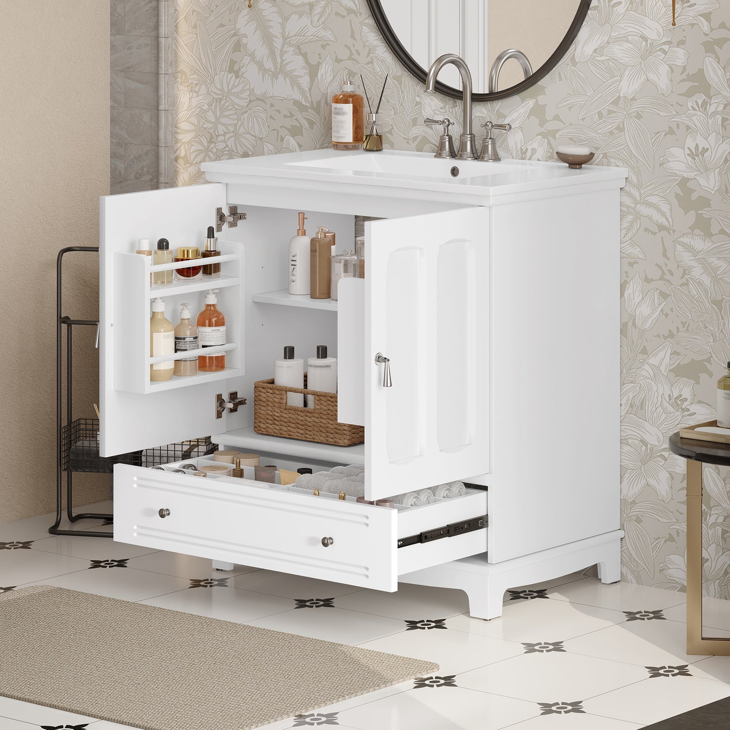 30" White Bathroom Vanity - Ceramic Sink Storage