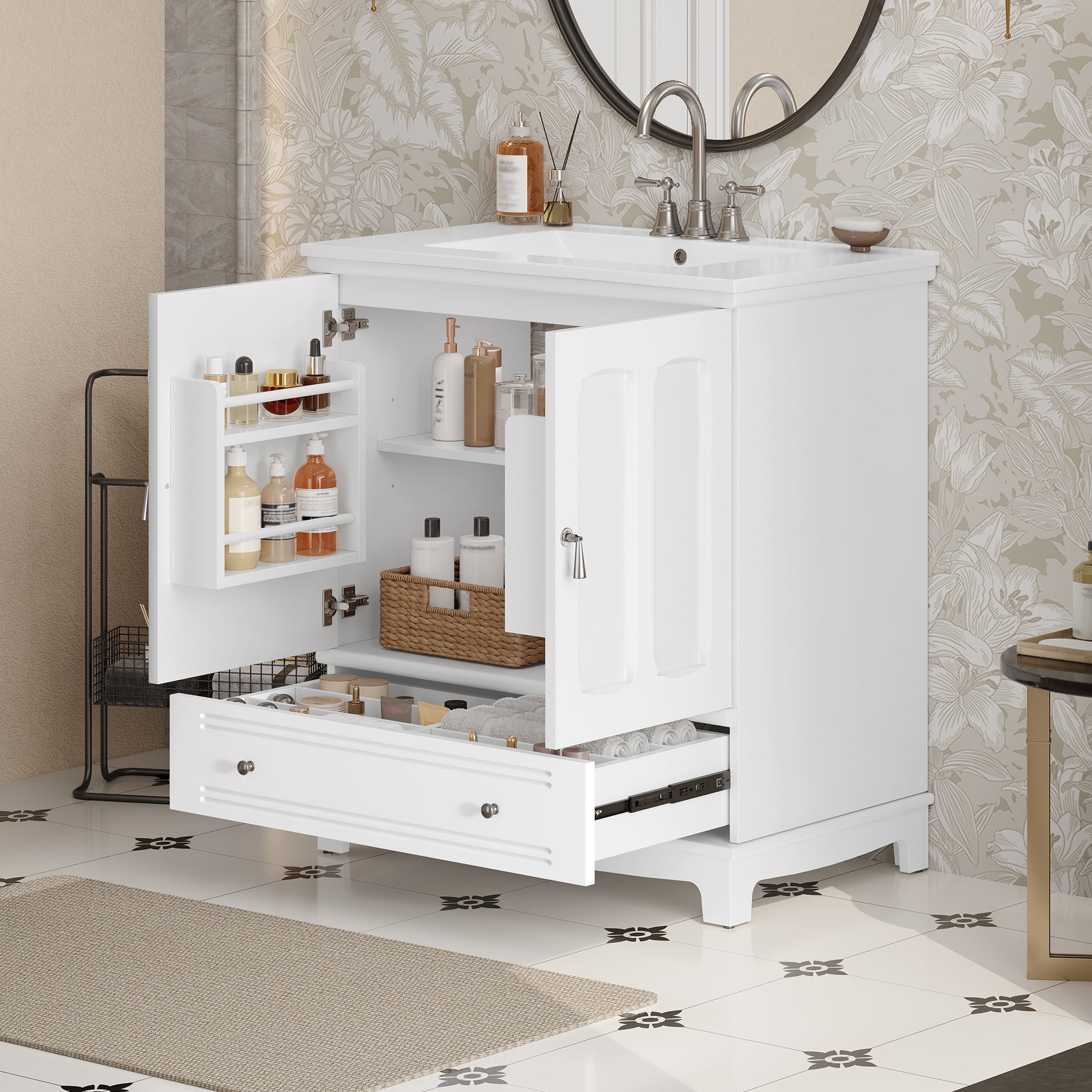 30" White Bathroom Vanity - Ceramic Sink Storage