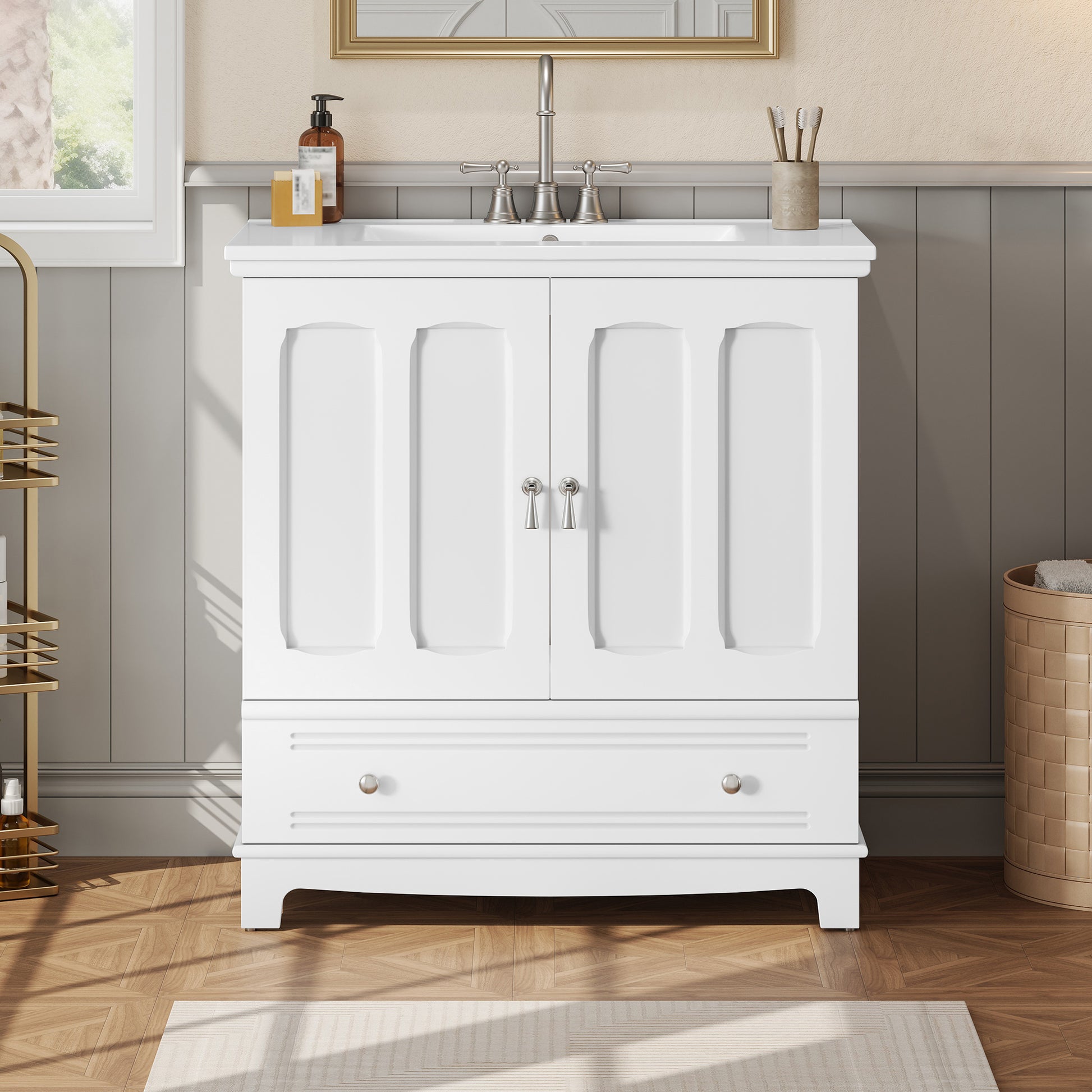 30" White Bathroom Vanity - Ceramic Sink Storage