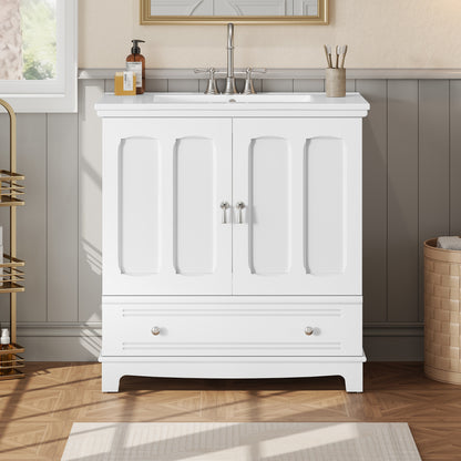 30" White Bathroom Vanity - Ceramic Sink Storage