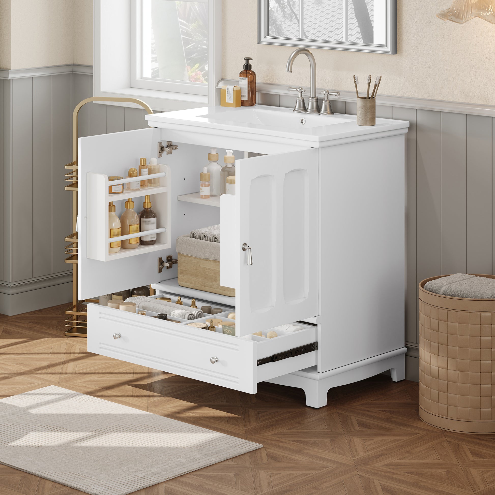 30" White Bathroom Vanity - Ceramic Sink Storage