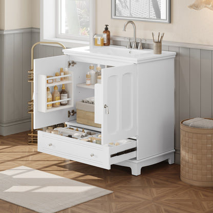 30" White Bathroom Vanity - Ceramic Sink Storage