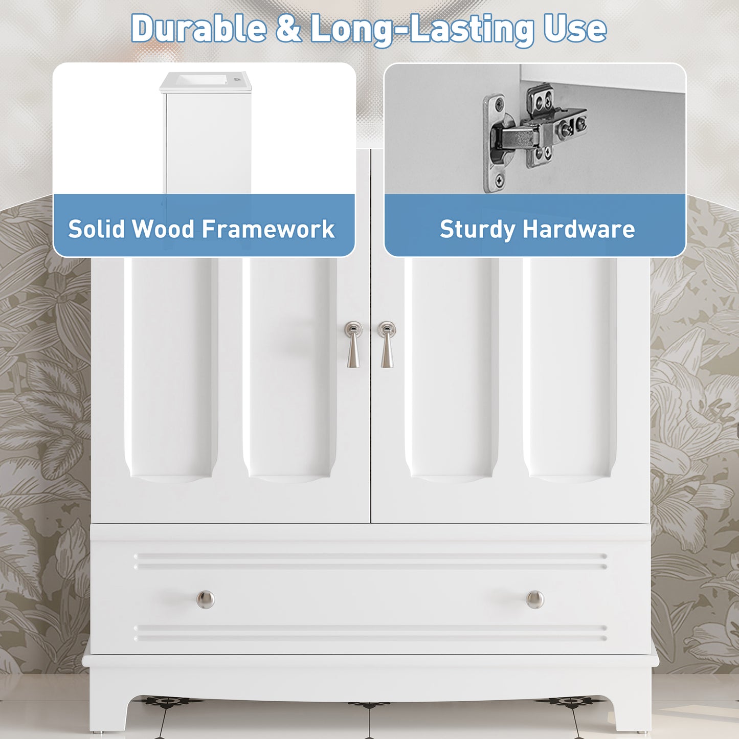 30" White Bathroom Vanity - Ceramic Sink Storage