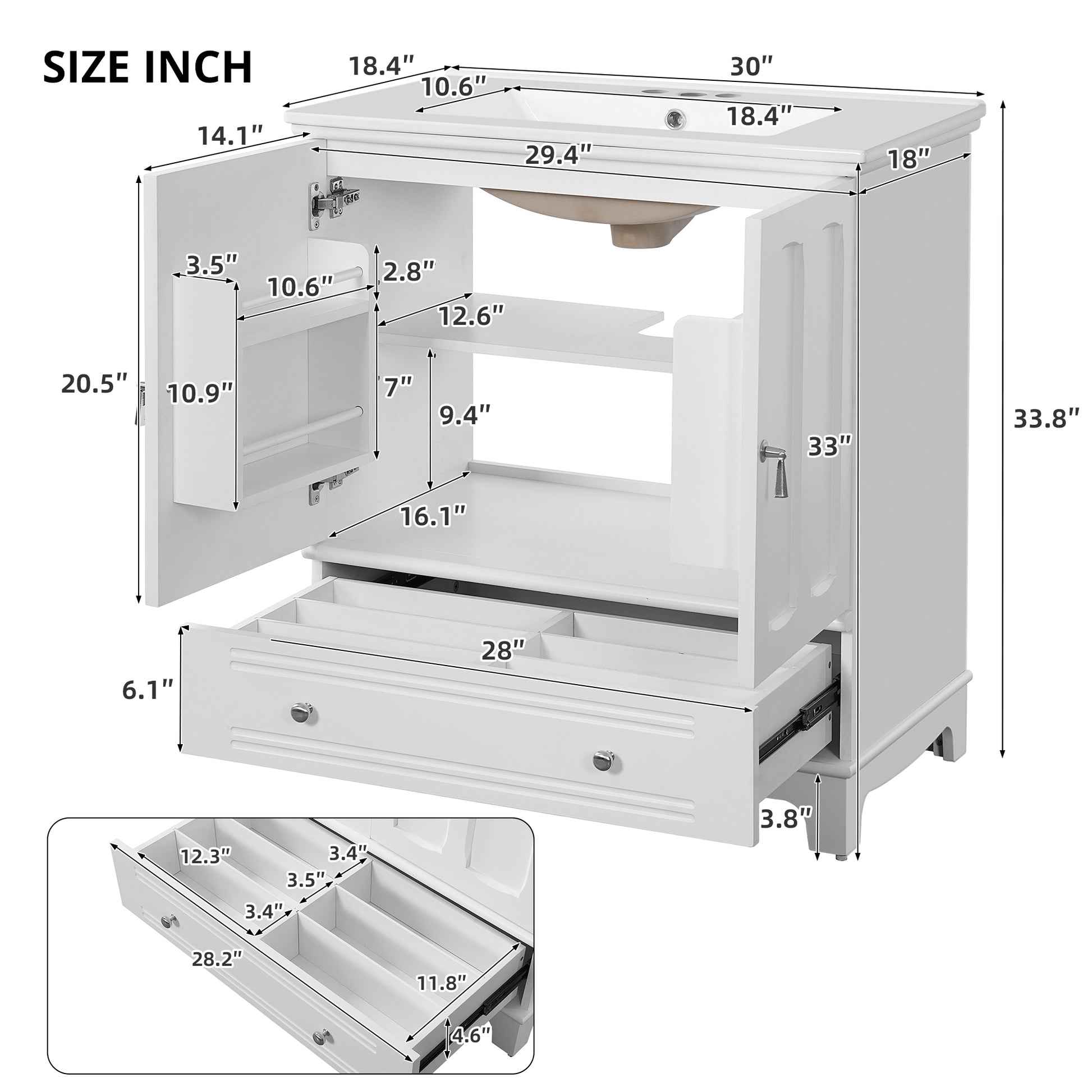 30" White Bathroom Vanity - Ceramic Sink Storage