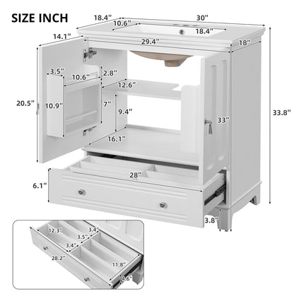 30" White Bathroom Vanity - Ceramic Sink Storage