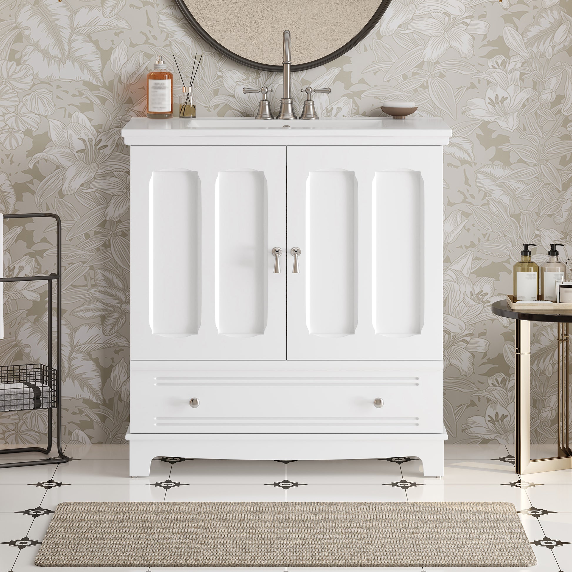 30" Bathroom Vanity with Ceramic Sink, Solid Wood Frame Bathroom Sink Cabinet with Adjustable Shelf, Drawer with Divider, Solid Wood Feet