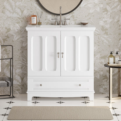 30" Bathroom Vanity with Ceramic Sink, Solid Wood Frame Bathroom Sink Cabinet with Adjustable Shelf, Drawer with Divider, Solid Wood Feet