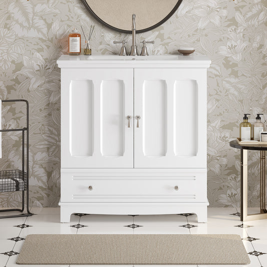30" Bathroom Vanity with Ceramic Sink, Solid Wood Frame Bathroom Sink Cabinet with Adjustable Shelf, Drawer with Divider, Solid Wood Feet