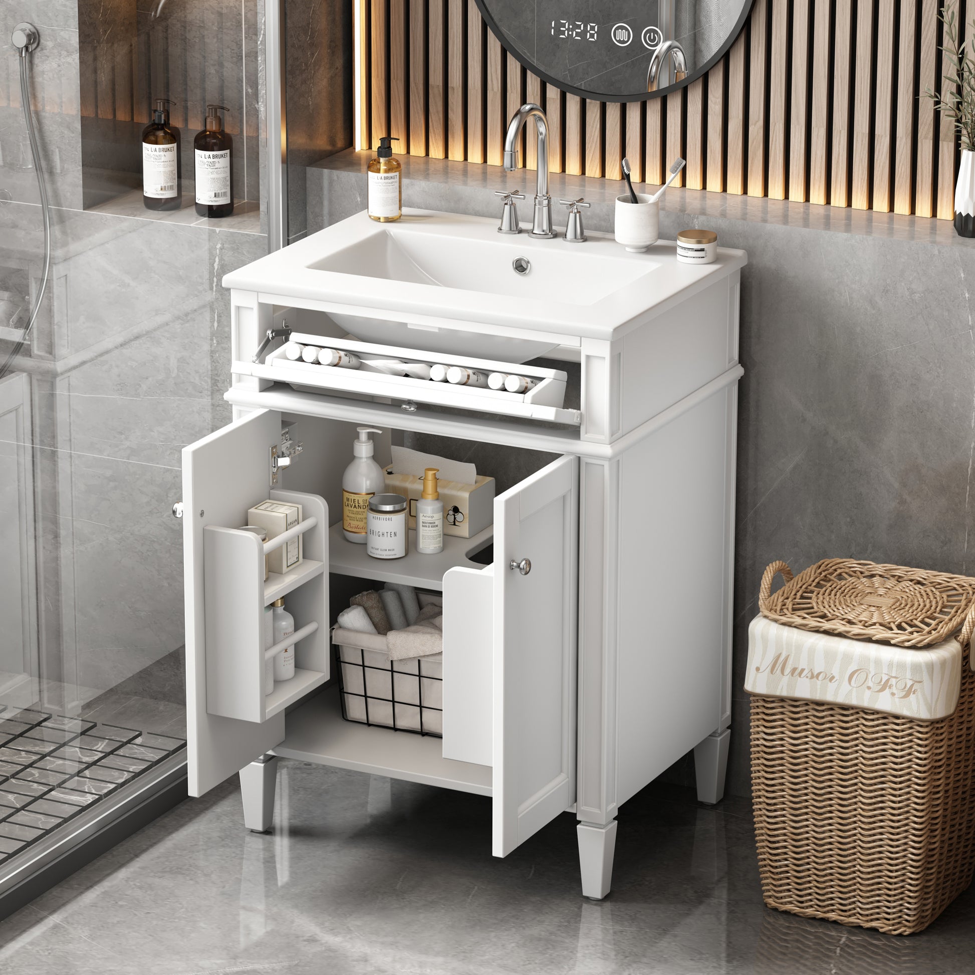 White Bathroom Vanity with Sink - 24" Storage Cabinet
