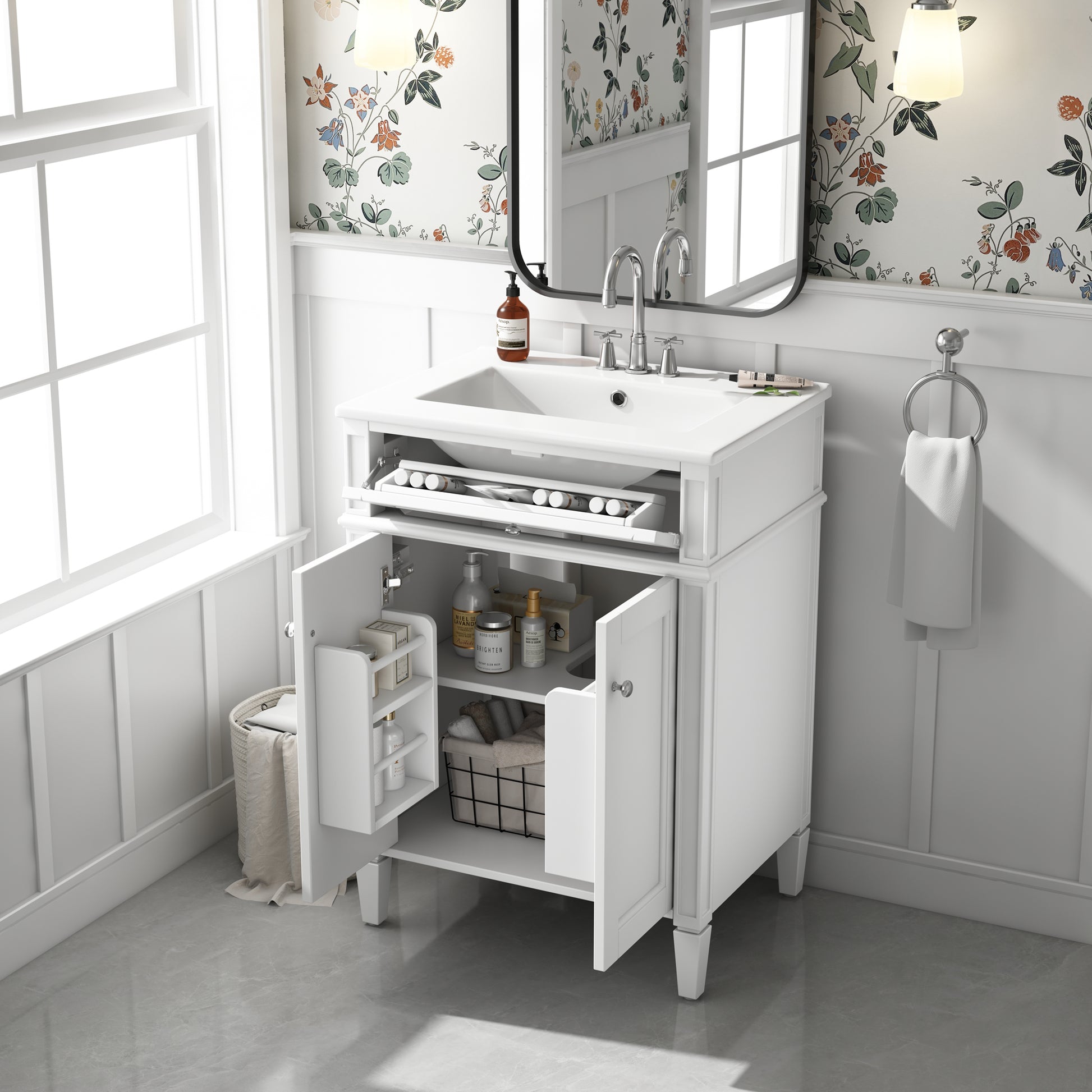 White Bathroom Vanity with Sink - 24" Storage Cabinet