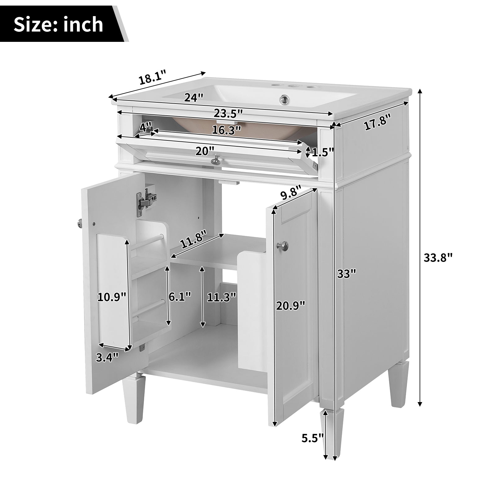 White Bathroom Vanity with Sink - 24" Storage Cabinet