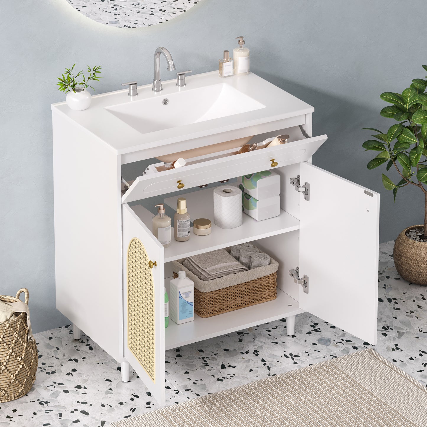30" Bathroom Vanity with Ceramic Sink - White, Solid Wood Frame