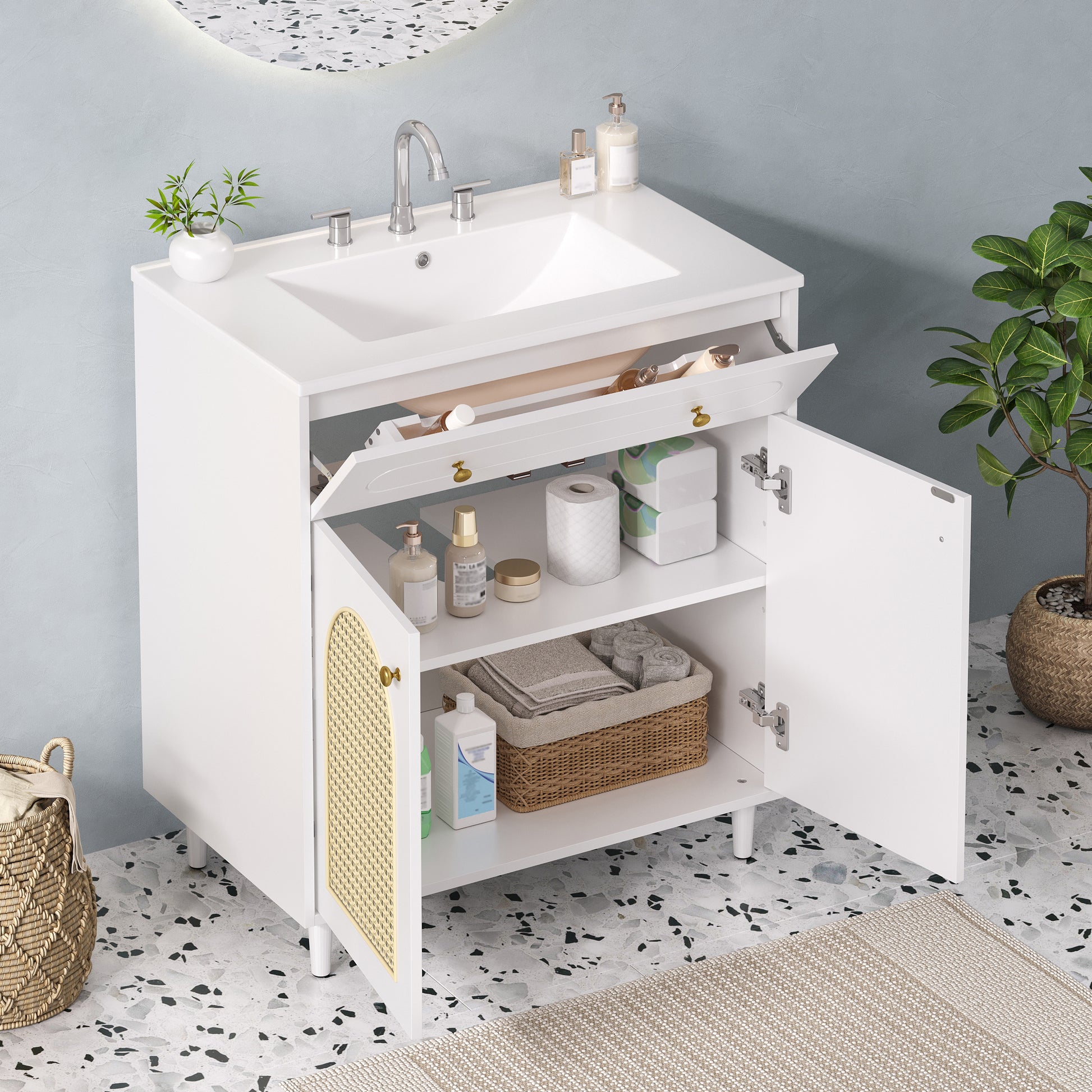 30" Bathroom Vanity with Ceramic Sink - White, Solid Wood Frame
