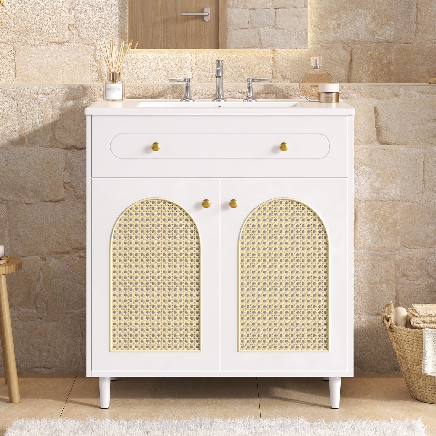 30" Bathroom Vanity with Ceramic Sink - White, Solid Wood Frame