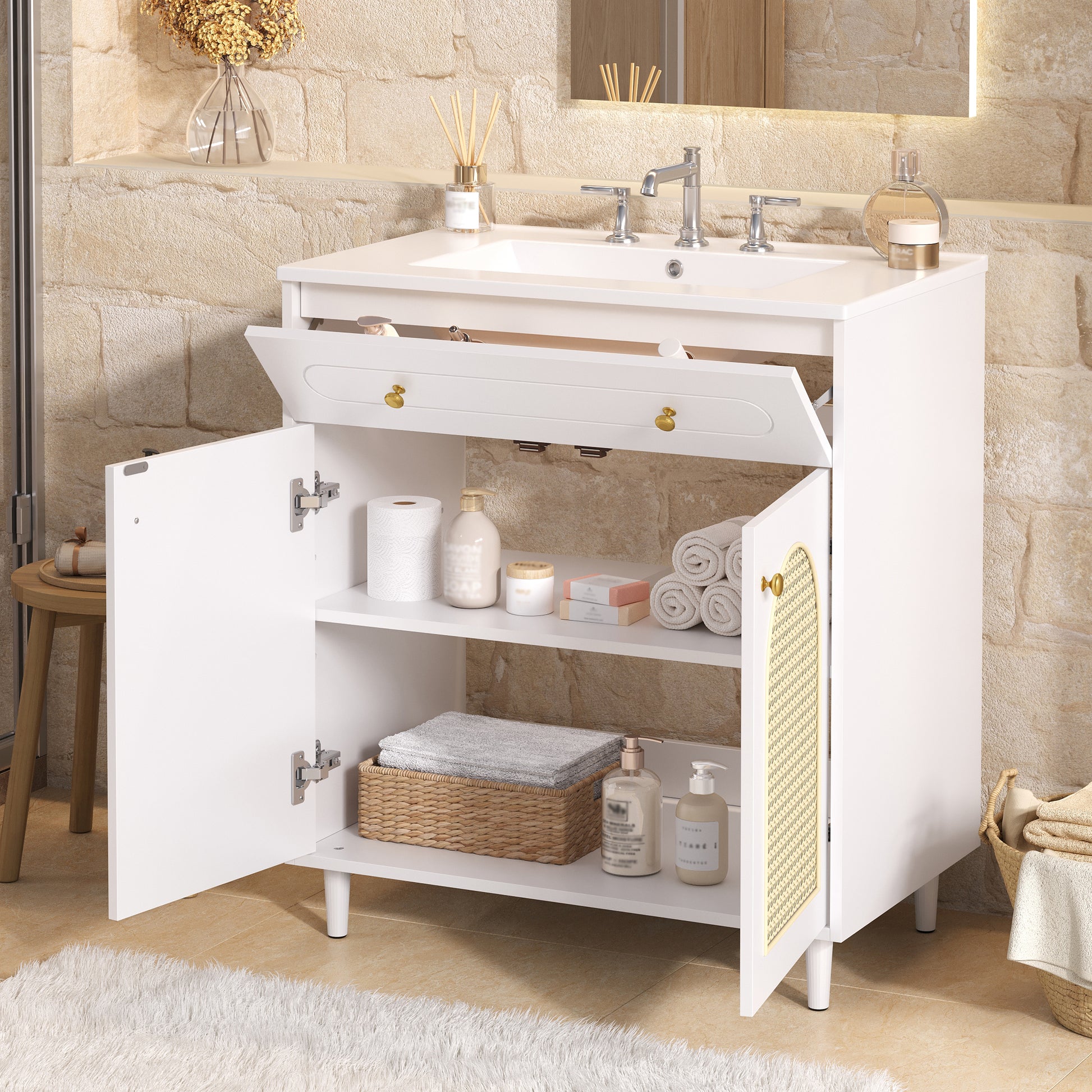 30" Bathroom Vanity with Ceramic Sink - White, Solid Wood Frame
