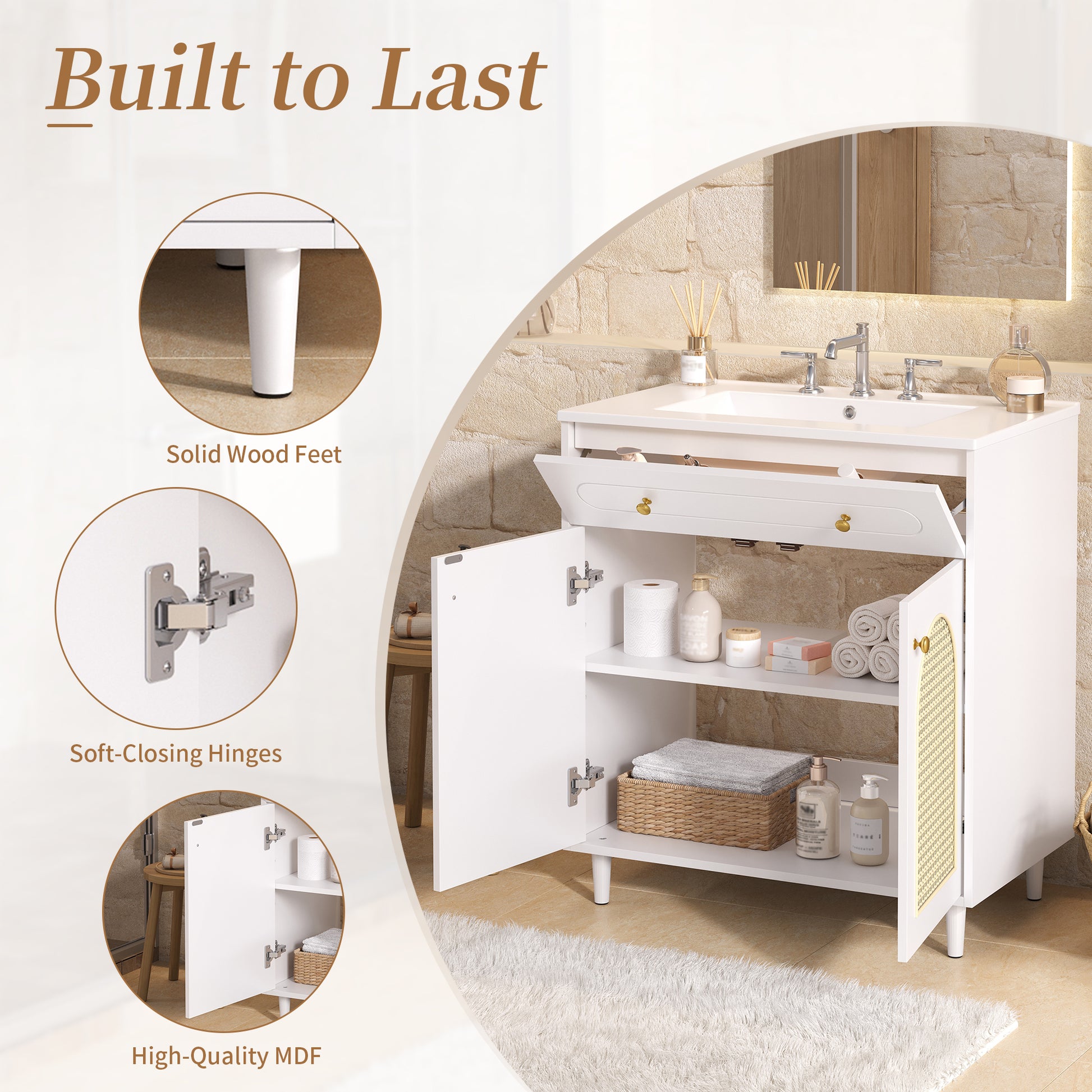 30" Bathroom Vanity with Ceramic Sink - White, Solid Wood Frame