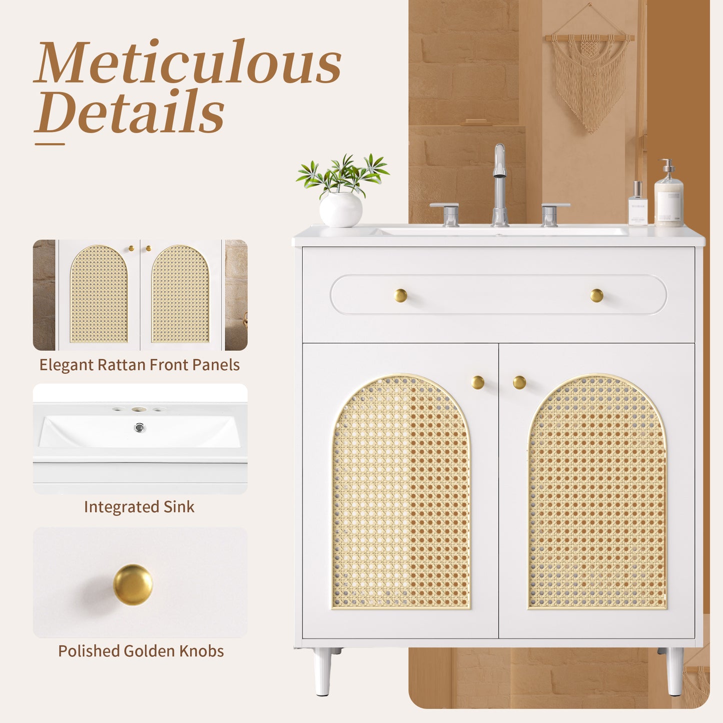 30" Bathroom Vanity with Ceramic Sink - White, Solid Wood Frame