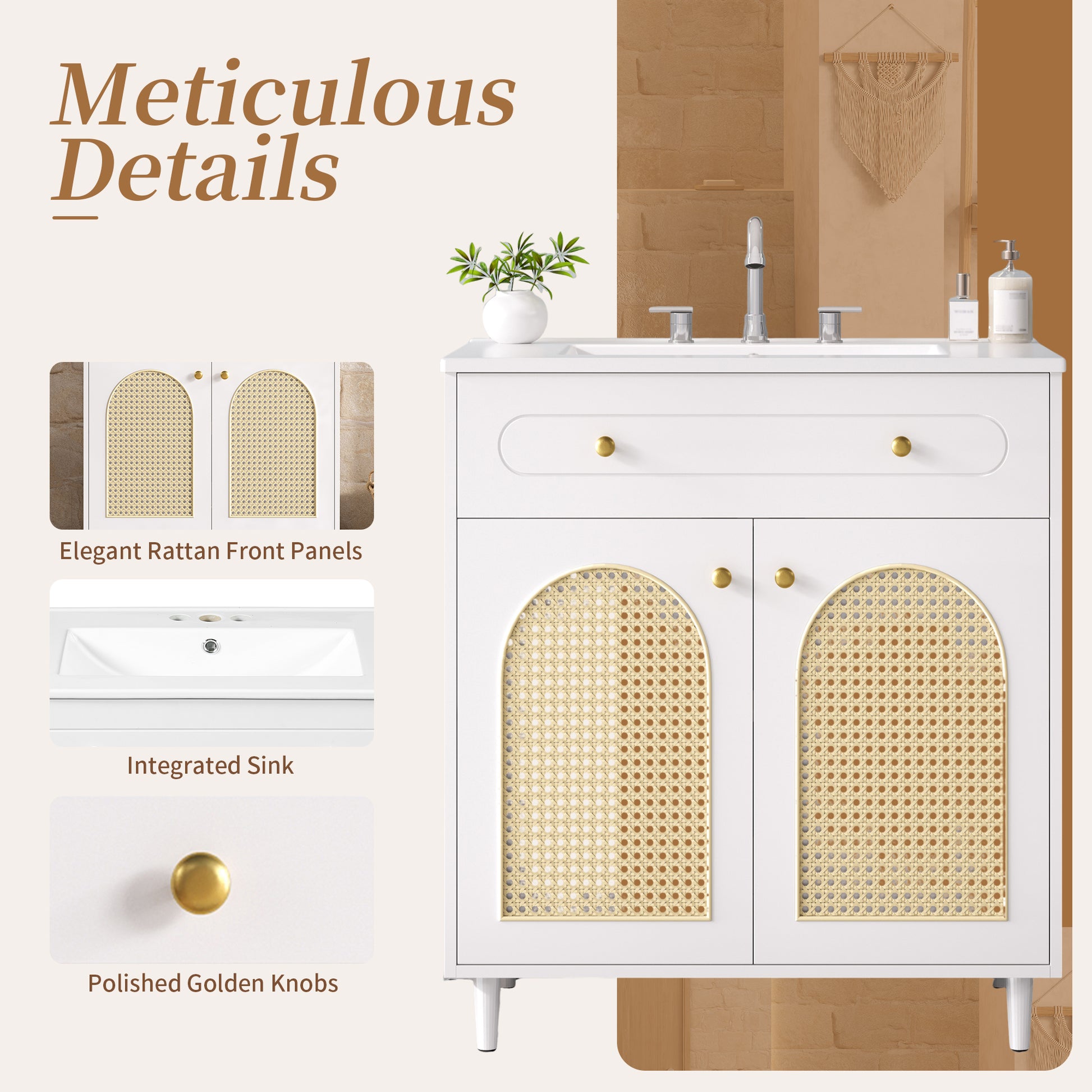 30" Bathroom Vanity with Ceramic Sink - White, Solid Wood Frame