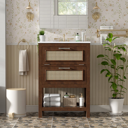24" Bathroom Vanity with Integrated Ceramic Sink, Bathroom Cabinet with 1 Deep Drawer, 1 Tip-Out Drawer, Single Sink Bathroom Vanity for Small and Medium Restroom