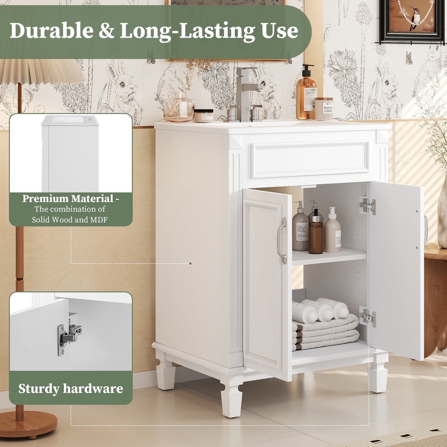 Modern 24 inch Bathroom Vanity Cabinet with Solid Wood MDF