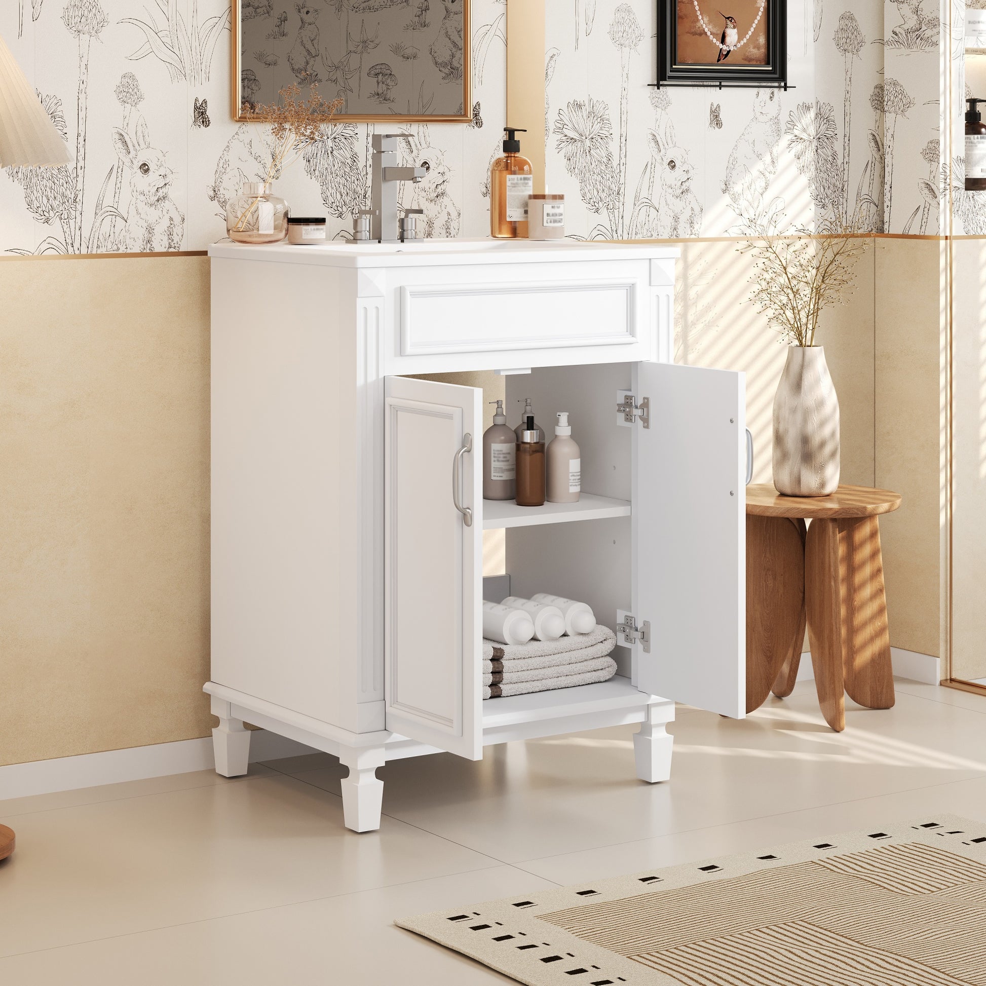 24'' Bathroom Vanity with Top Sink, Modern Bathroom Storage Cabinet with 2 Soft-Closing Doors and Adjustable Shelf, Solid Wood Frame