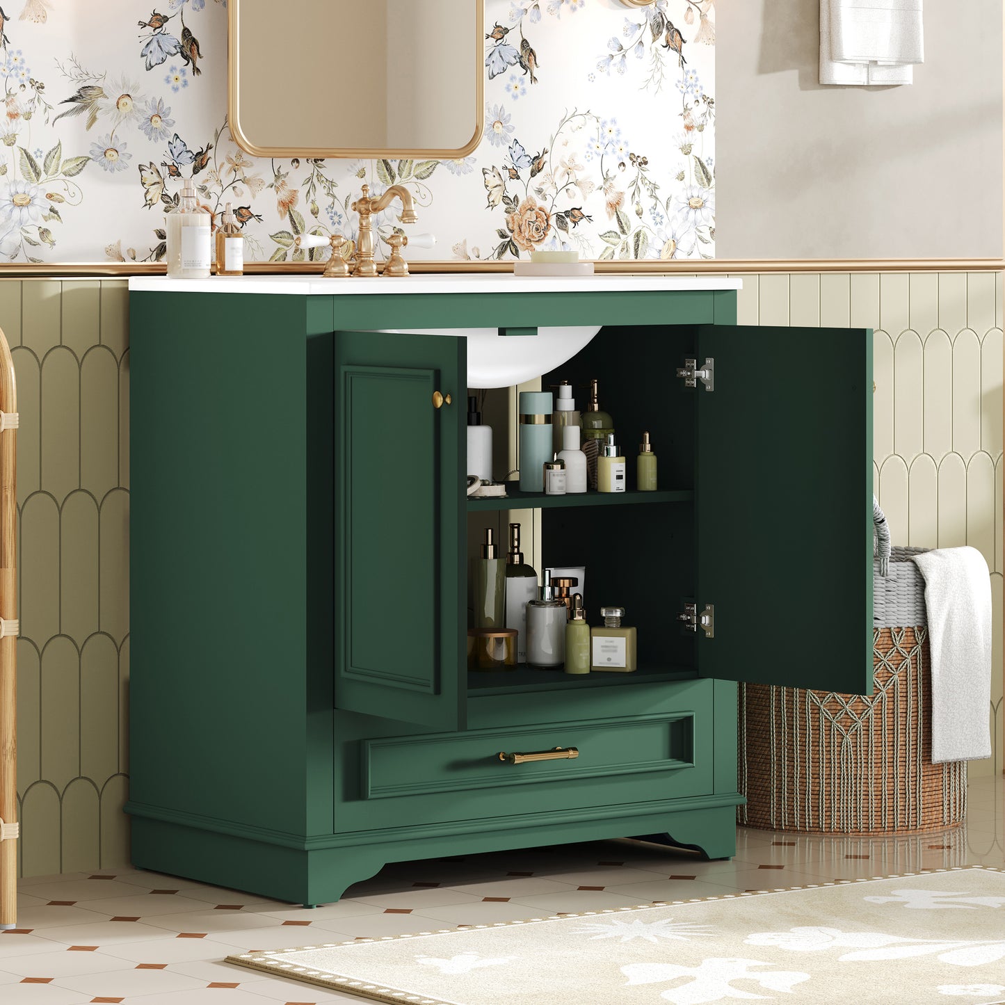 Solid Wood Green Bathroom Vanity with Ceramic Sink and Storage