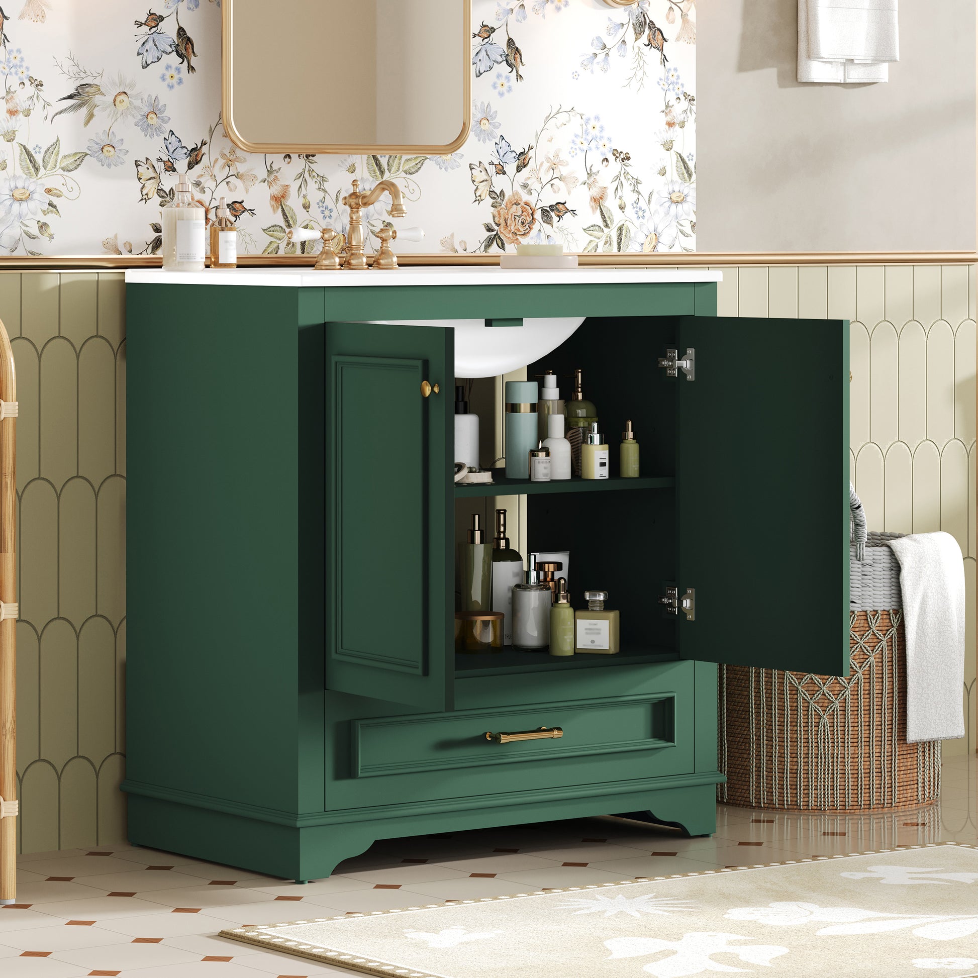 Solid Wood Green Bathroom Vanity with Ceramic Sink and Storage