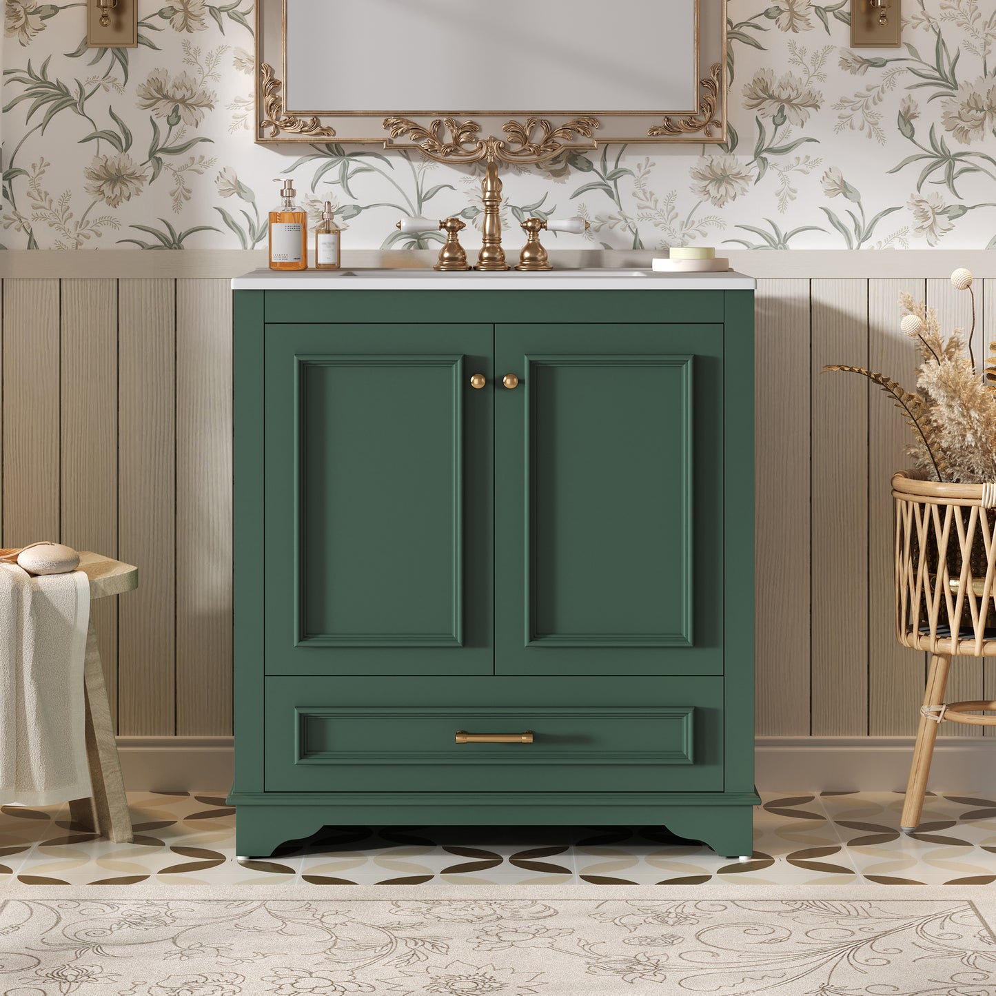 Solid Wood Green Bathroom Vanity with Ceramic Sink and Storage