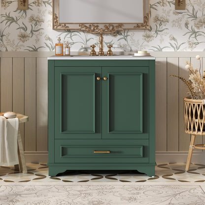 Solid Wood Green Bathroom Vanity with Ceramic Sink and Storage