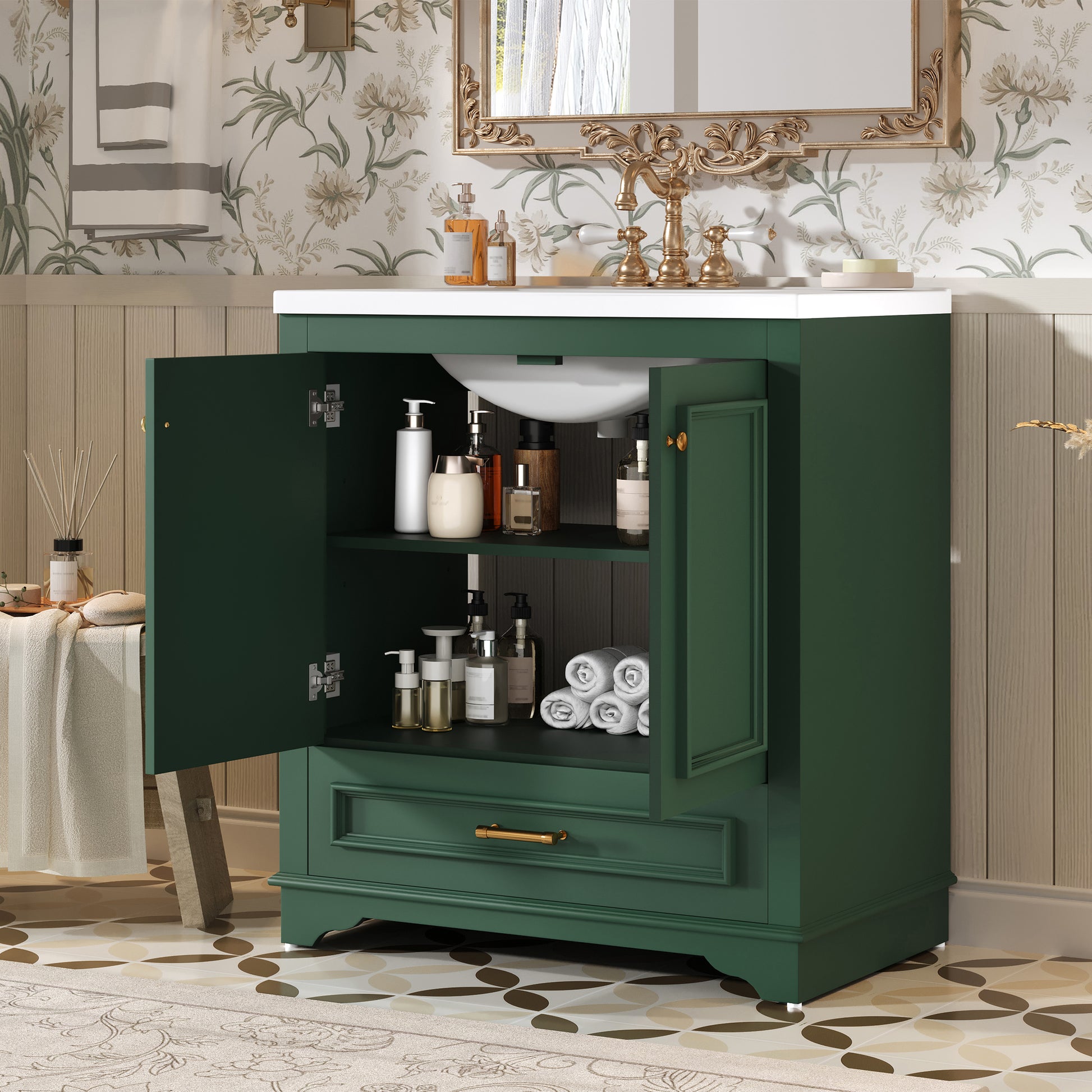 Solid Wood Green Bathroom Vanity with Ceramic Sink and Storage