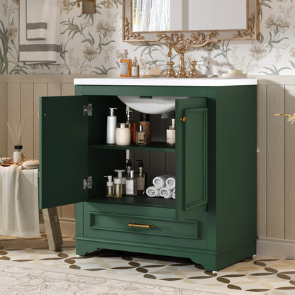 Solid Wood Green Bathroom Vanity with Ceramic Sink and Storage