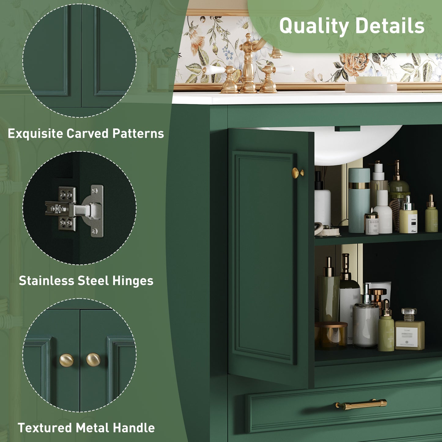 Solid Wood Green Bathroom Vanity with Ceramic Sink and Storage